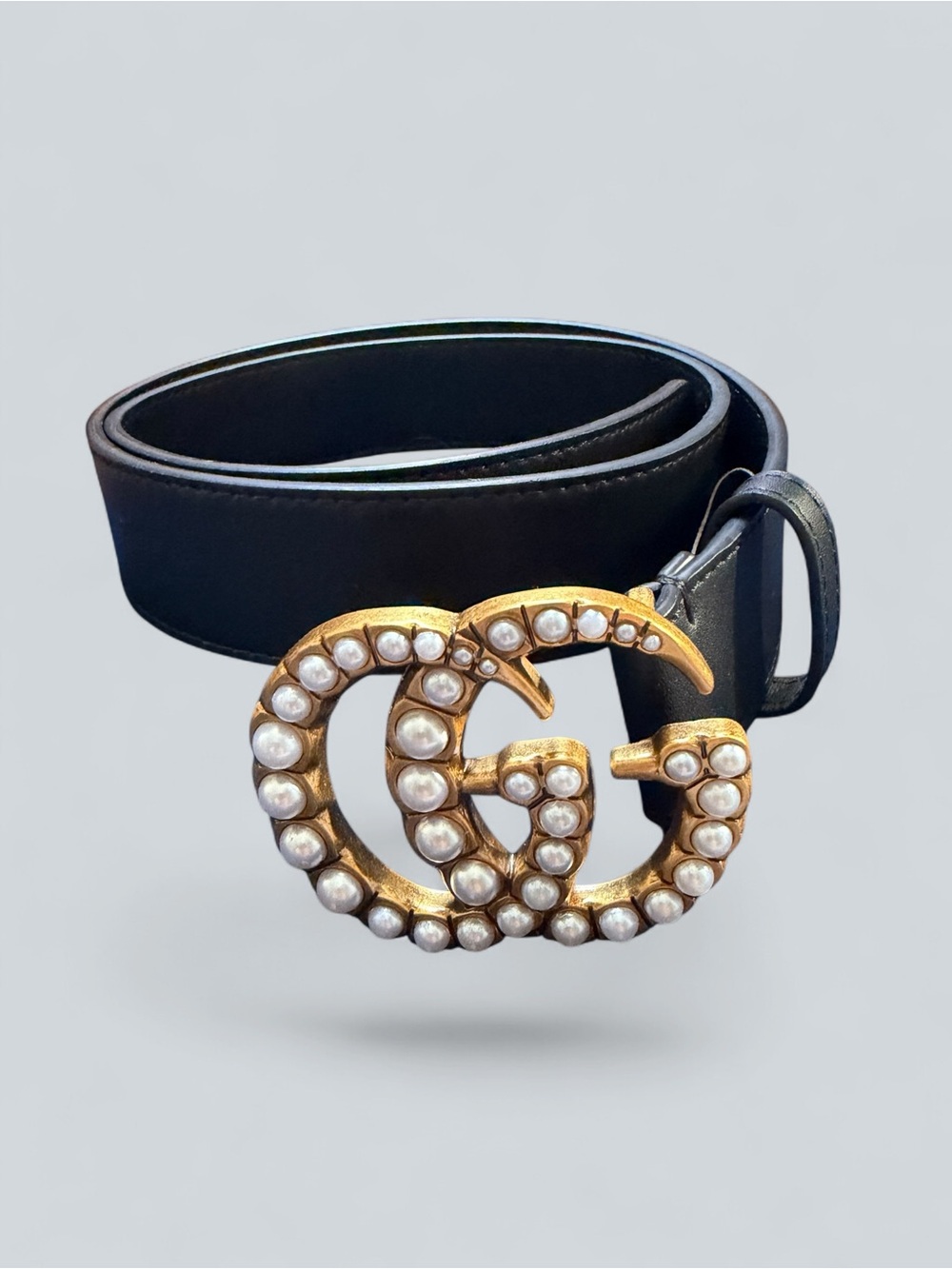 Gucci Black Leather Belt with Gold Pearl Double-G Buckle